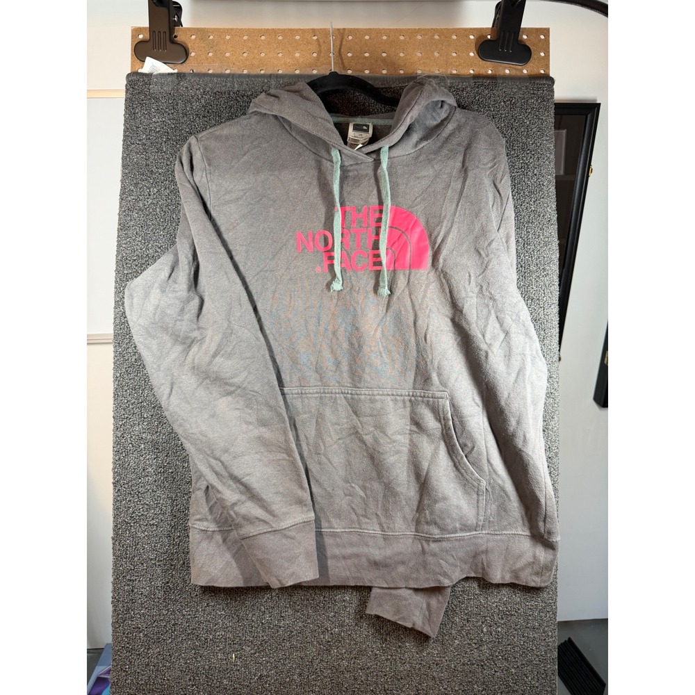 The North Face Hoodie Womens L Grey Pink Logo Pullover Sweatshirt
